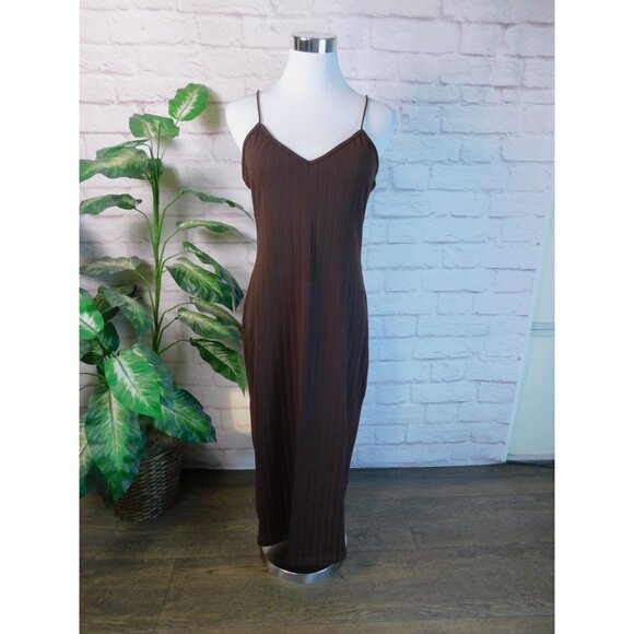 Chic Brown Ribbed Maxi Slip Dress L Shein Minimalist Y2K Aesthetic - Picture 1 of 9